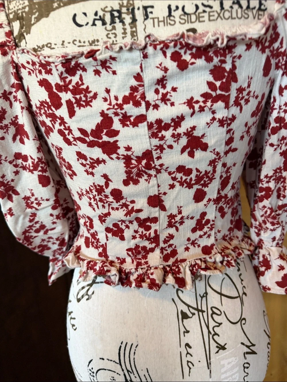 Zara White and Red Floral Square-Neck Blouse